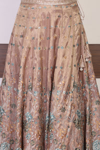Rose Gold Embroidered Floral Zari Tissue A-line Crop Top with Skirt and Jacket Set