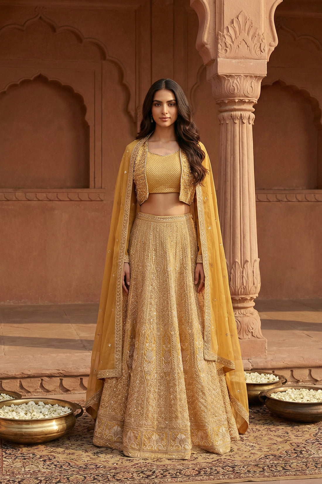 Yellow Sequins Georgette Blouse and Skirt set with Dupatta and Jacket