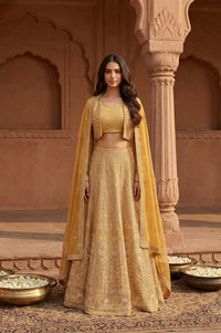 Yellow Sequins Georgette Blouse and Skirt set with Dupatta and Jacket