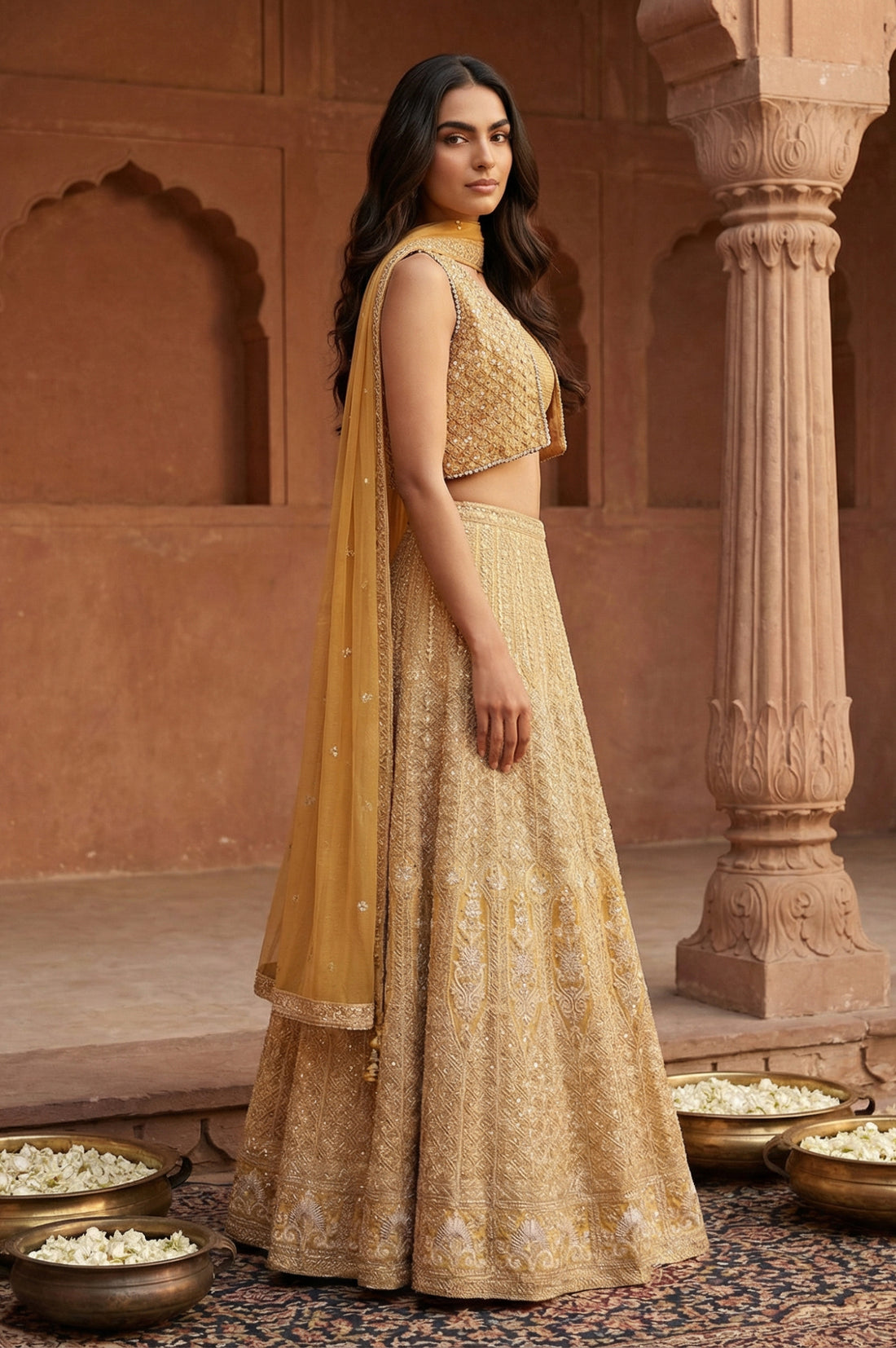 Yellow Sequins Georgette Blouse and Skirt set with Dupatta and Jacket
