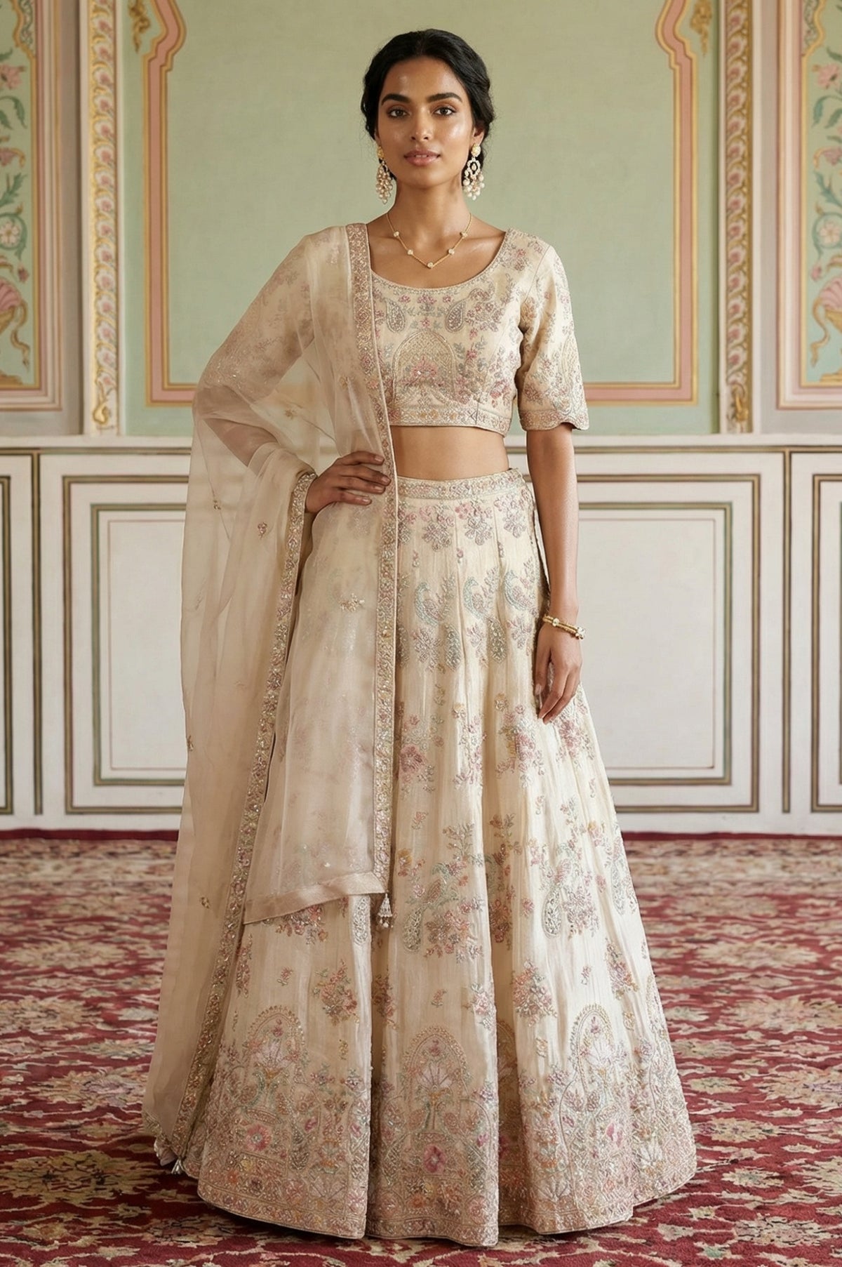 Cream Zari Embroidered Tissue Slim Fit Blouse with Skirt and Dupatta Set - XS