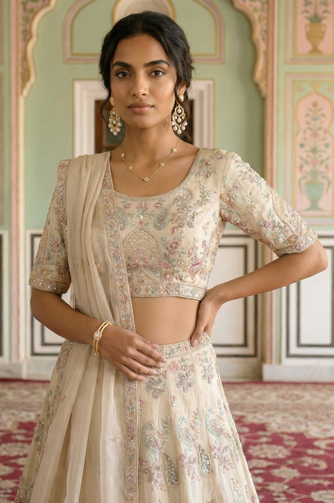 Cream Zari Embroidered Tissue Slim Fit Blouse with Skirt and Dupatta Set
