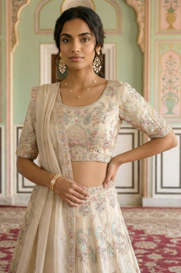 Cream Zari Embroidered Tissue Slim Fit Blouse with Skirt and Dupatta Set