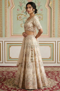 Cream Zari Embroidered Tissue Slim Fit Blouse with Skirt and Dupatta Set