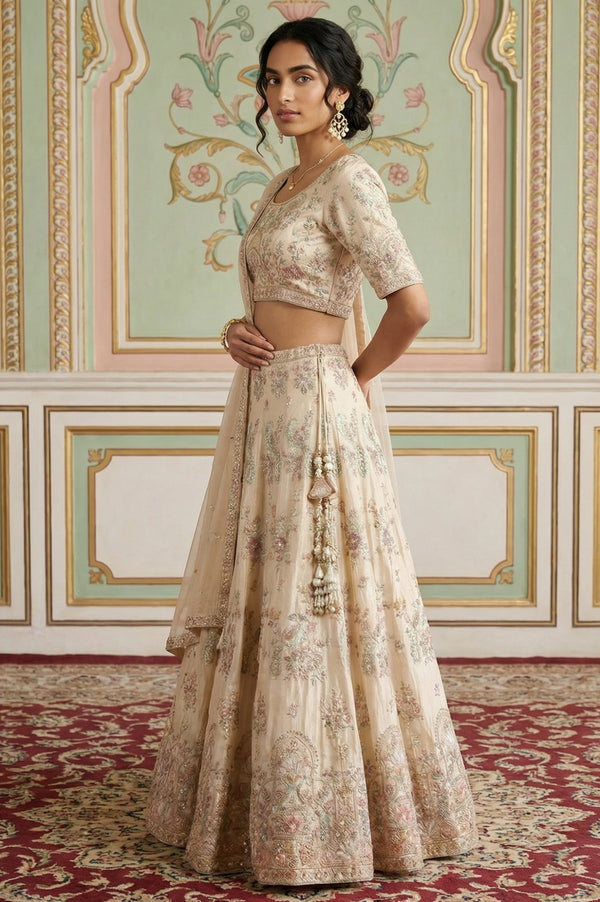 Cream Zari Embroidered Tissue Slim Fit Blouse with Skirt and Dupatta Set
