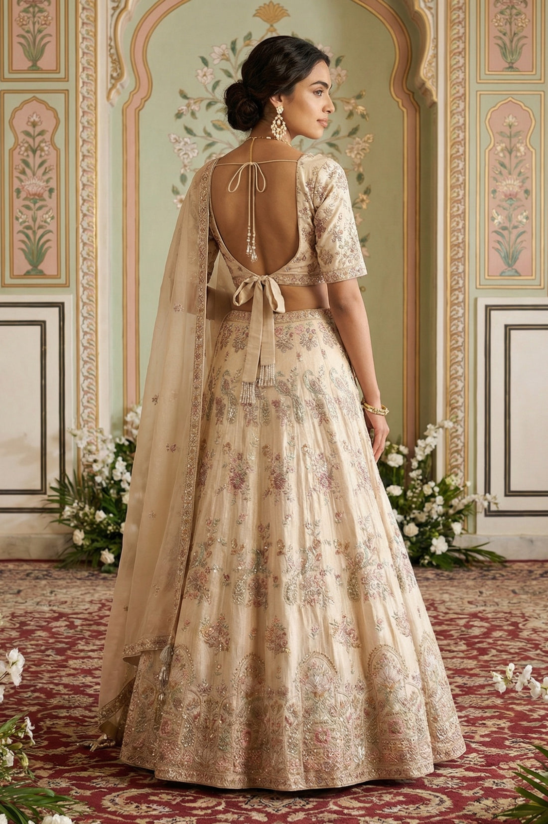 Cream Zari Embroidered Tissue Slim Fit Blouse with Skirt and Dupatta Set