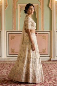 Cream Zari Embroidered Tissue Slim Fit Blouse with Skirt and Dupatta Set
