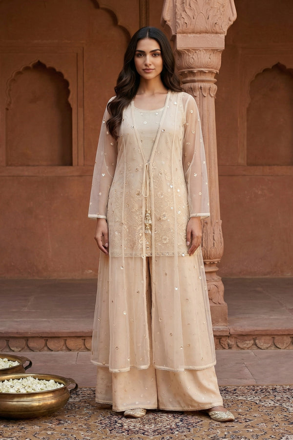 Beige Embroidered Sequinned Straight Kurta with Palazzo and Jacket Set