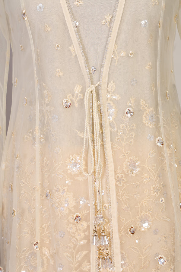 Beige Embroidered Sequinned Straight Kurta with Palazzo and Jacket Set