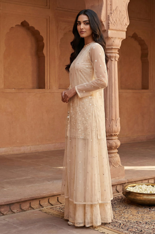 Beige Embroidered Sequinned Straight Kurta with Palazzo and Jacket Set