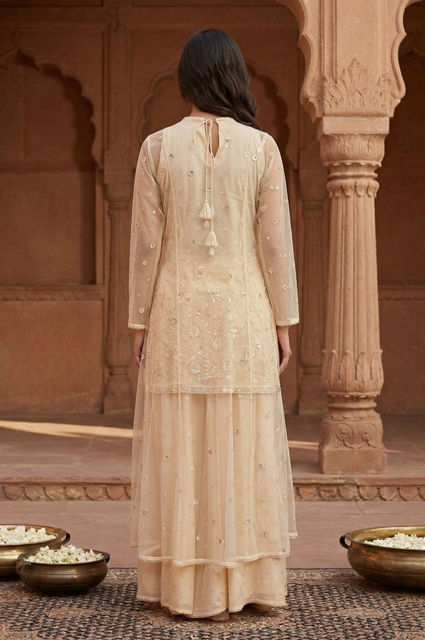 Beige Embroidered Sequinned Straight Kurta with Palazzo and Jacket Set