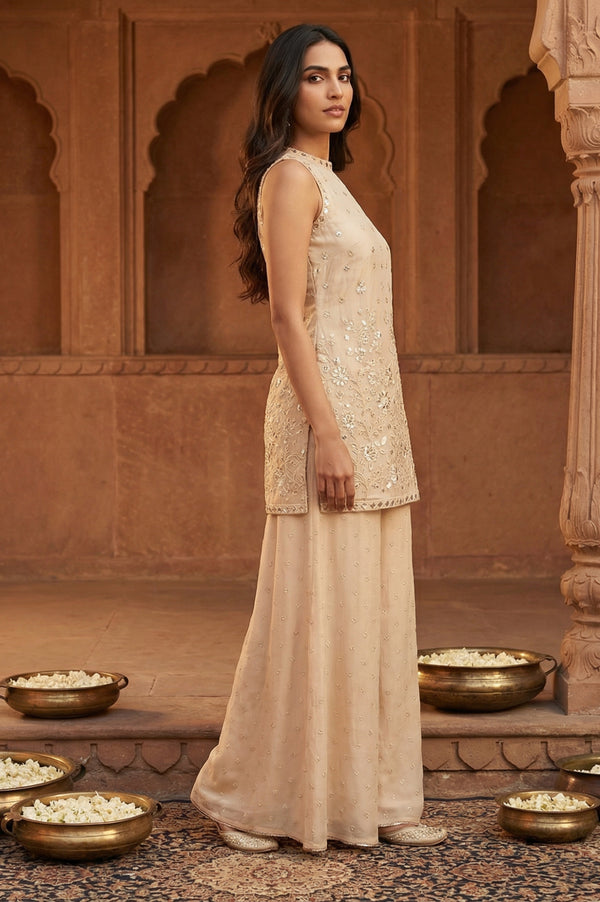 Beige Embroidered Sequinned Straight Kurta with Palazzo and Jacket Set
