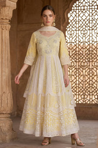 Powder Yellow Thread Embroidered Anarkali Kurta with Leggings and Dupatta Set