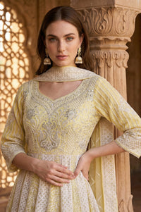 Powder Yellow Thread Embroidered Anarkali Kurta with Leggings and Dupatta Set