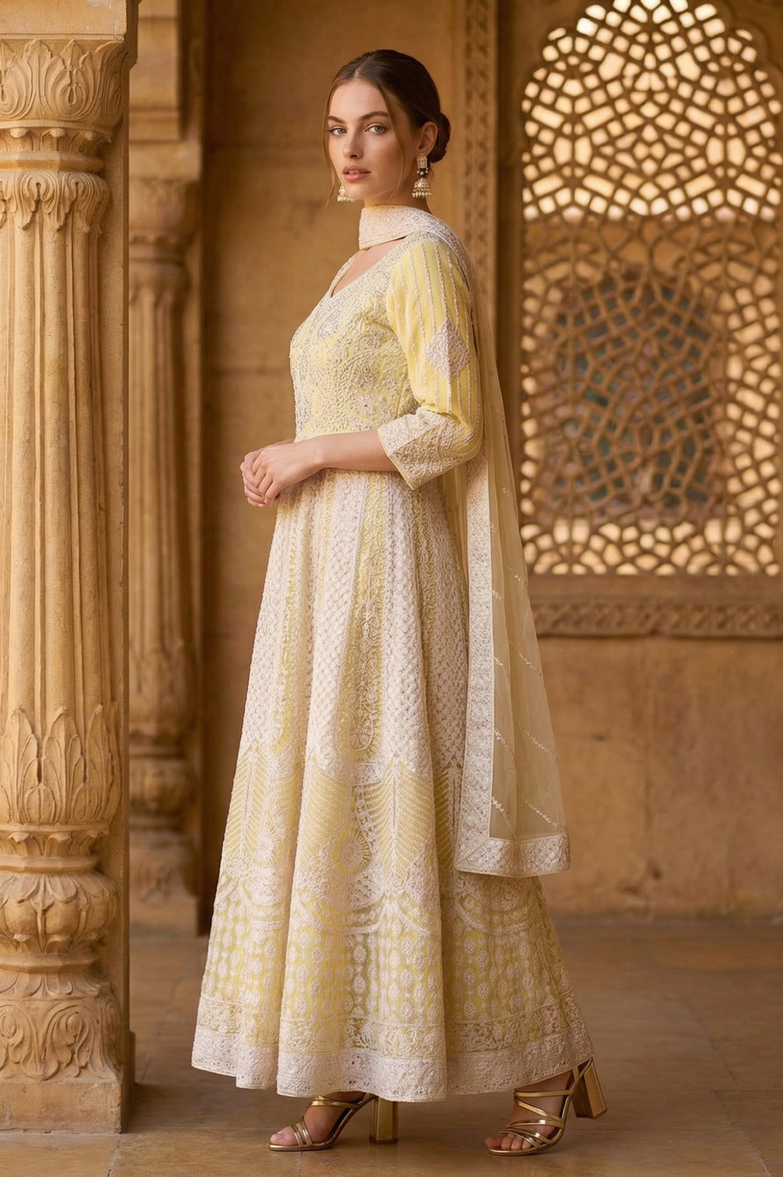 Powder Yellow Thread Embroidered Anarkali Kurta with Leggings and Dupatta Set