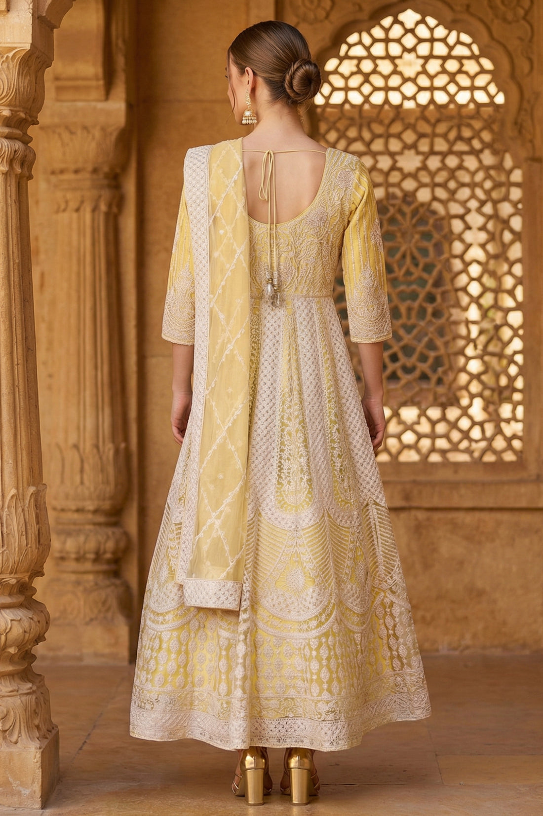 Powder Yellow Thread Embroidered Anarkali Kurta with Leggings and Dupatta Set