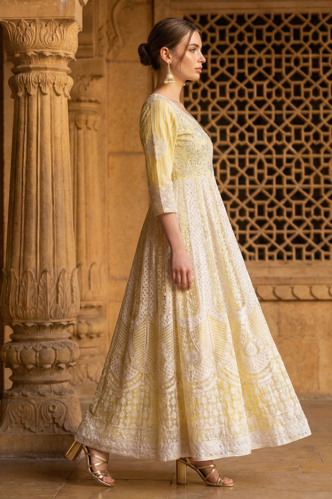 Powder Yellow Thread Embroidered Anarkali Kurta with Leggings and Dupatta Set