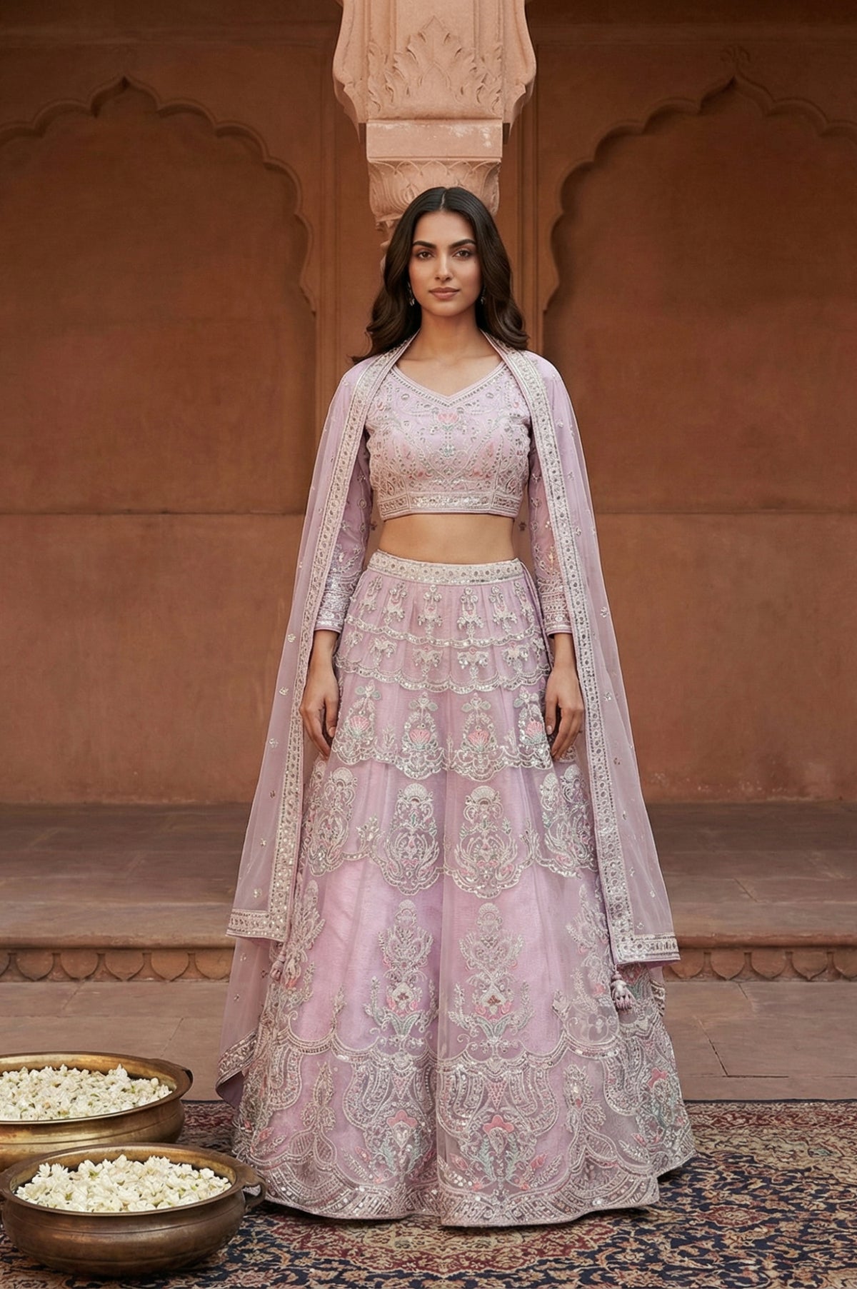 Lavender Zari Blouse with Skirt and Dupatta Set - XS