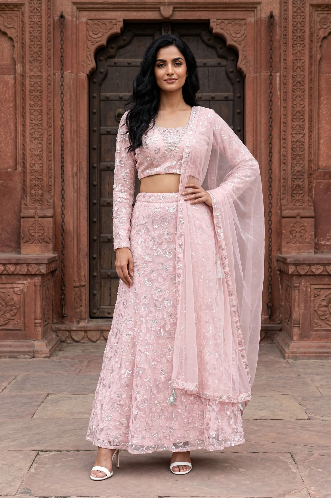 Pink Sequins Embellished Nylon Blend Blouse with Skirt and Dupatta Set