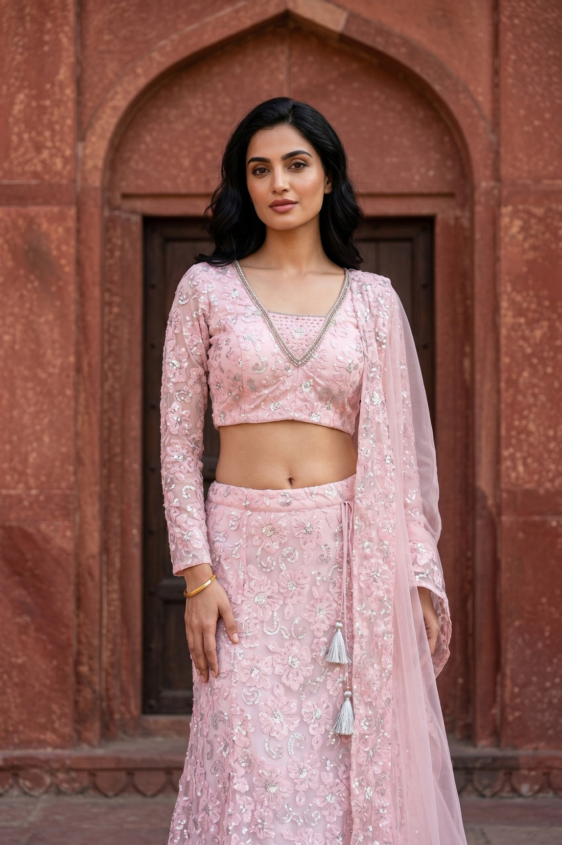 Pink Sequins Embellished Nylon Blend Blouse with Skirt and Dupatta Set
