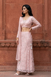 Pink Sequins Embellished Nylon Blend Blouse with Skirt and Dupatta Set