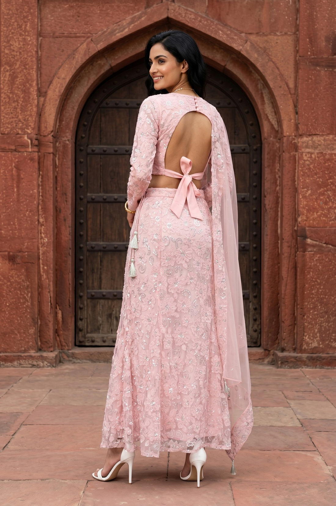 Pink Sequins Embellished Nylon Blend Blouse with Skirt and Dupatta Set