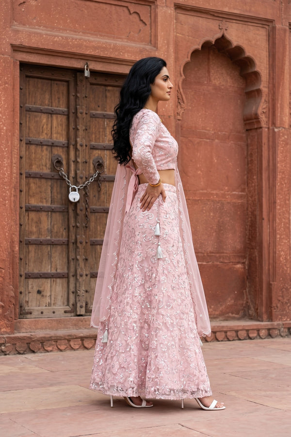 Pink Sequins Embellished Nylon Blend Blouse with Skirt and Dupatta Set