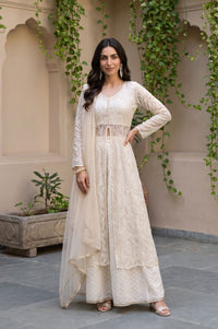 Off White Yarn Dyed Sequins Thread Embroidered Straight Kurta with Skirt and Dupatta Set