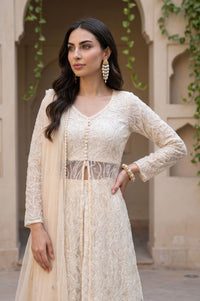 Off White Yarn Dyed Sequins Thread Embroidered Straight Kurta with Skirt and Dupatta Set