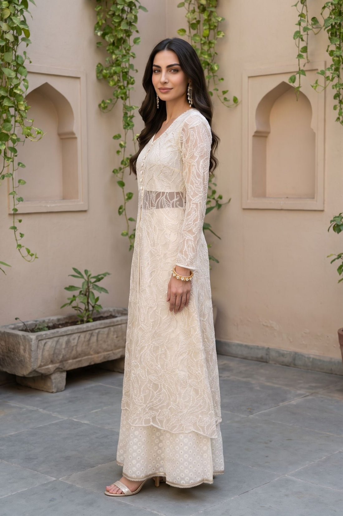 Off White Yarn Dyed Sequins Thread Embroidered Straight Kurta with Skirt and Dupatta Set