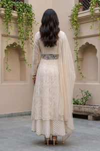 Off White Yarn Dyed Sequins Thread Embroidered Straight Kurta with Skirt and Dupatta Set
