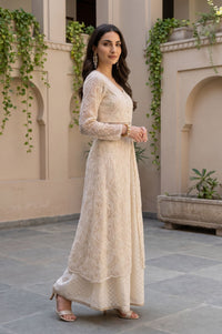 Off White Yarn Dyed Sequins Thread Embroidered Straight Kurta with Skirt and Dupatta Set