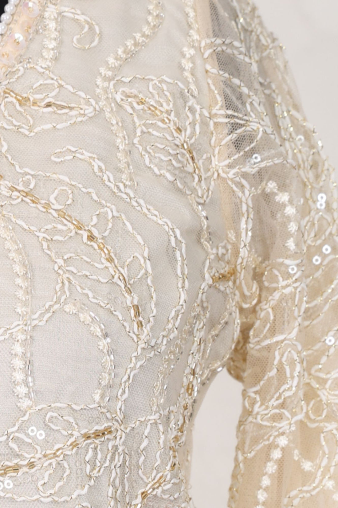 Off White Yarn Dyed Sequins Thread Embroidered Straight Kurta with Skirt and Dupatta Set