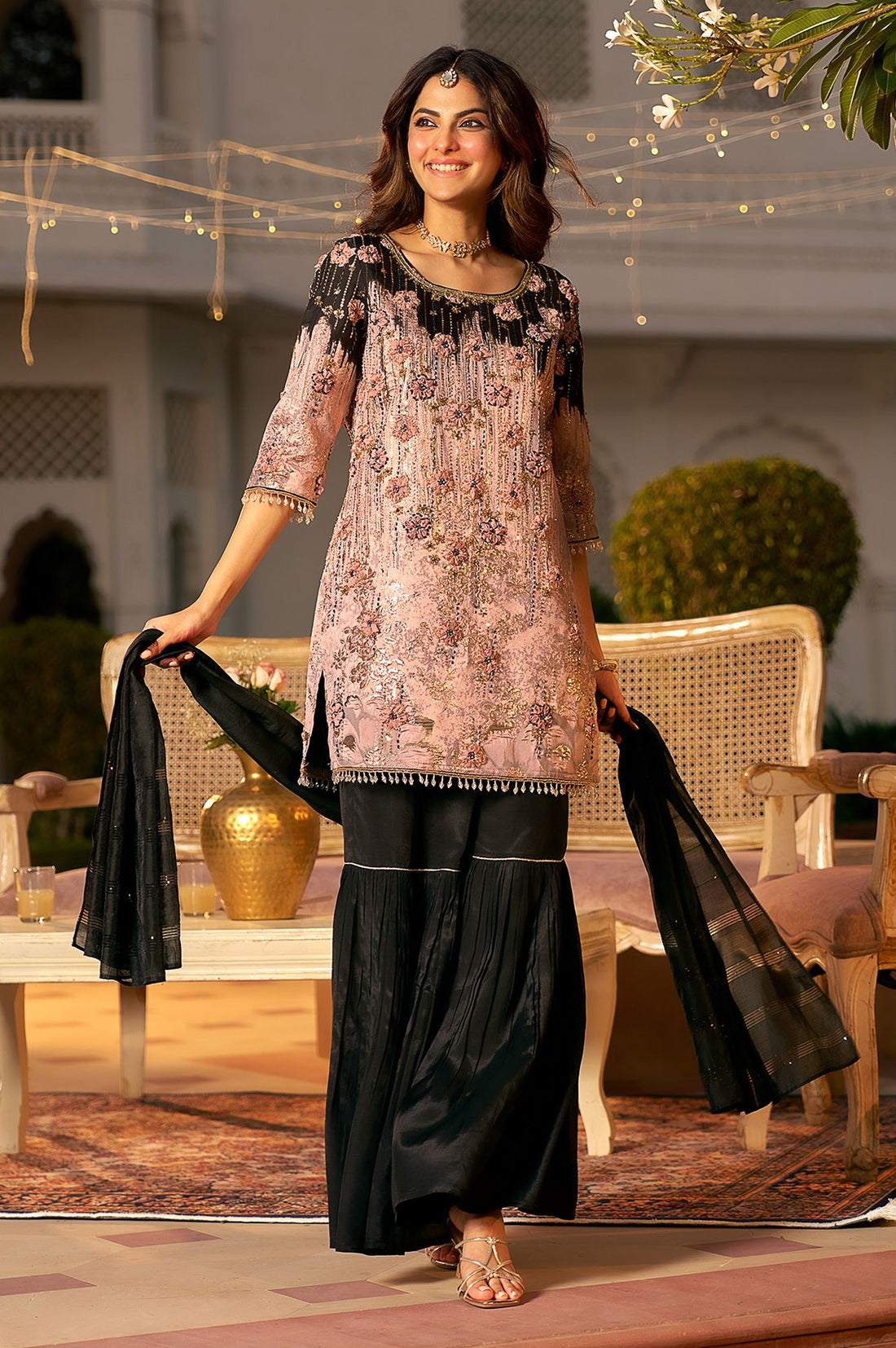 Black Embroidered Straight Kurta with Sharara and Dupatta Set