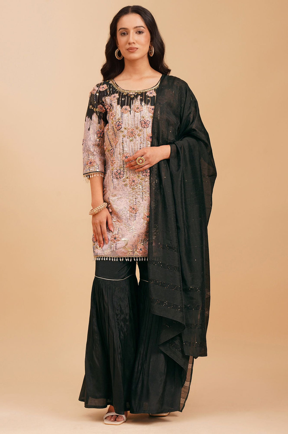 Black Embroidered Straight Kurta with Sharara and Dupatta Set