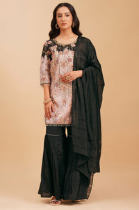 Black Embroidered Straight Kurta with Sharara and Dupatta Set