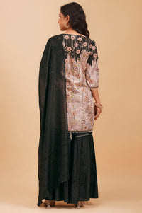 Black Embroidered Straight Kurta with Sharara and Dupatta Set