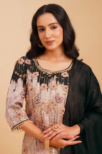Black Embroidered Straight Kurta with Sharara and Dupatta Set