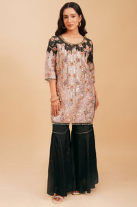 Black Embroidered Straight Kurta with Sharara and Dupatta Set