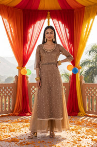 Brown Sheer Embroidered Straight Kurta with Solid Inner &amp; Flared Skirt Set