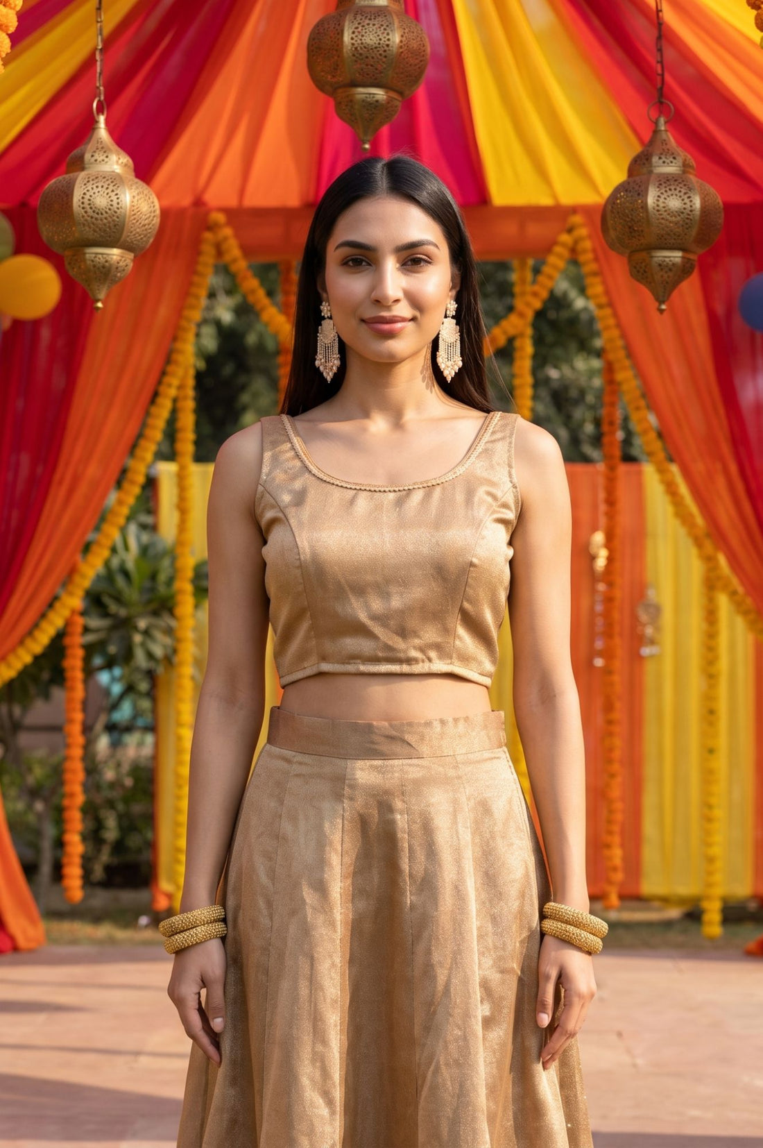 Brown Sheer Embroidered Straight Kurta with Solid Inner &amp; Flared Skirt Set