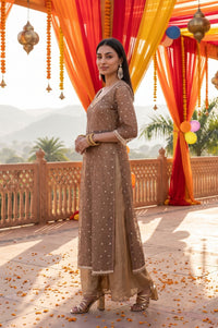 Brown Sheer Embroidered Straight Kurta with Solid Inner &amp; Flared Skirt Set