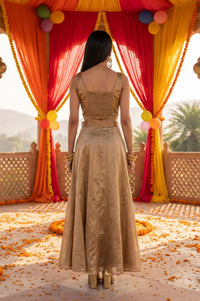 Brown Sheer Embroidered Straight Kurta with Solid Inner &amp; Flared Skirt Set