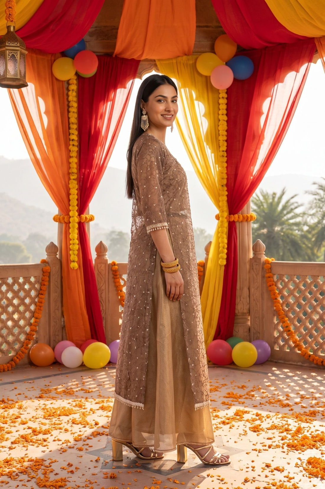 Brown Sheer Embroidered Straight Kurta with Solid Inner &amp; Flared Skirt Set