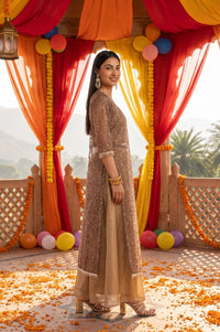 Brown Sheer Embroidered Straight Kurta with Solid Inner &amp; Flared Skirt Set