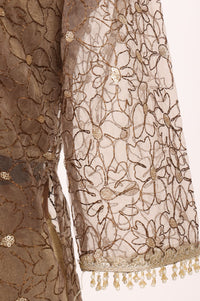 Brown Sheer Embroidered Straight Kurta with Solid Inner &amp; Flared Skirt Set