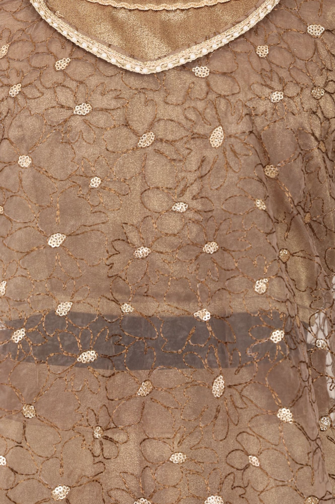 Brown Sheer Embroidered Straight Kurta with Solid Inner &amp; Flared Skirt Set