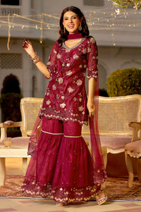 Maroon Embroidered Net Straight Kurta with Sharara and Dupatta Set