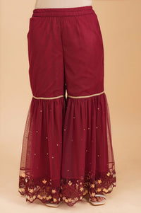 Maroon Embroidered Net Straight Kurta with Sharara and Dupatta Set