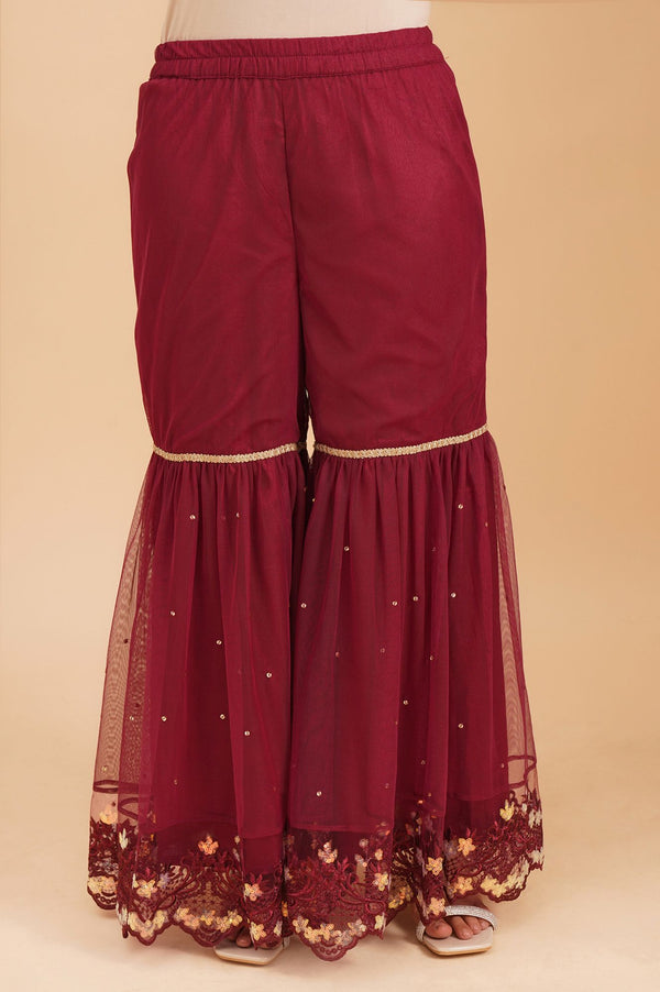 Maroon Embroidered Net Straight Kurta with Sharara and Dupatta Set
